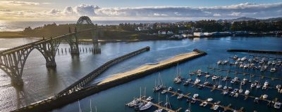 Aerial view of bridge and marinas at Agate Beach